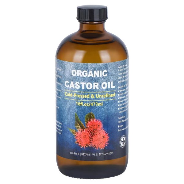 VRJEUGO Castor Oil Organic Cold Pressed Unrefined Glass Bottle, Organic Castor Oil for Face, Hair Growth & Thicker Eyelashes, 100% Pure and Hexane Free, 16oz