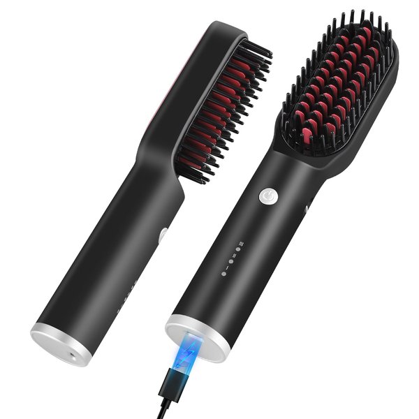 Cordless Hair Straightener Brush - Travel-Sized Electric Hot Iron Comb for Women Hair Straightening with 45Mins Long Working Battery - Fast Heating, Multi-Temp, Anti-Frizz, Anti-Scald