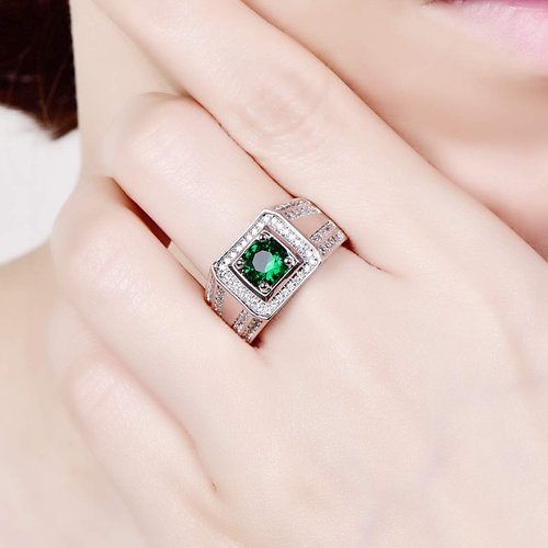 Empsoul 925 Sterling Silver Emerald Ring Simulated Round Cut Emerald Quartz Ring Eternity for Women Wedding Engagement Ring Size 7