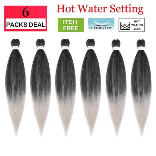 Pre Stretched Braiding Hair 36 Inch 6 Packs Ombre Braiding Hair Prestretched Crochet Braids Hair Professional Synthetic Braid Hair Extensions Hot Water Setting(36",1B/Gray)