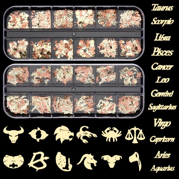 Noverlife 1200PCS Zodiac Nail Charm Flakes, 12 Constellation Alloy Nail Sequins, 3D Gold 12 Constellation Nail Glitters Zodiac Words Letters Nail Stickers, for Nail DIY Craft Scrapbooking Phone Case