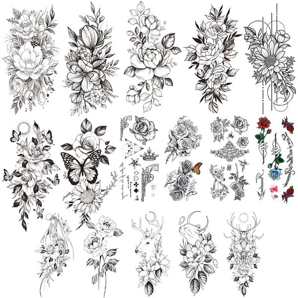 Cerlaza 16 Sheets Temporary Tattoos for Women Adults, Fake Flower Tatuajes Temporales Semi Permanent Half Arm Sleeve Tattoos, Long Lasting Realistic Flower Leg makeup Waterproof Tattoos Stickers