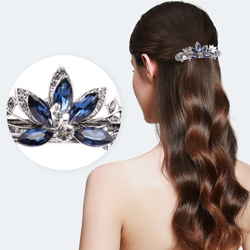 Kicosy Barrettes for Women 3 Pack Vintage Shining Rhinestone Hair Barrettes Metal Flower Butterfly French Clip Faux Crystal Hair clip Spring Hair Barrette,Black and Navy (Pattern-A(3PCS))
