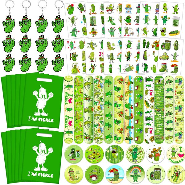 YYMYMGJ Funny Pickle Party Favors, Funny Pickle Temporary Tattoos Slap Bracelets Badges Keychains Gift Bags for Pickle Birthday Party Decorations Supplies for Kids Adults Boys Girls Classroom Rewards