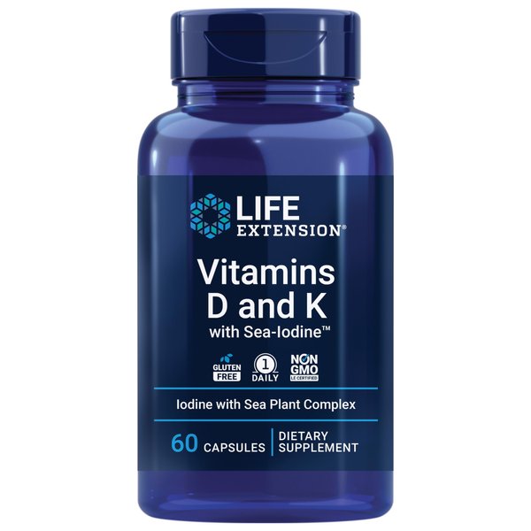 Life Extension Vitamins D and K with Sea-Iodine, vitamin D3, vitamin K1 and K2, iodine, supports immune, bone, arterial and thyroid health, non-GMO, gluten-free, 60 capsules