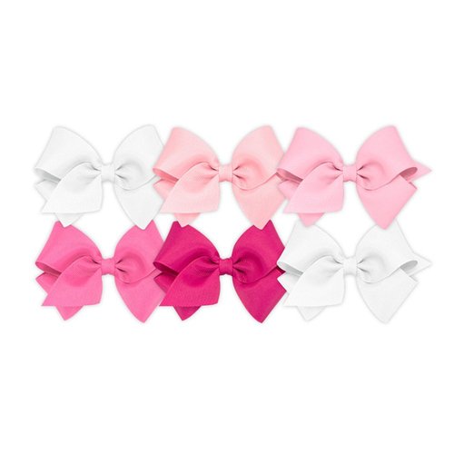 Wee Ones Girls' 6 Piece Set Solid Grosgrain Variety Pack on a WeeStay No-Slip Hair Clip, Small, White, Light Pink, Pearl, Hot Pink, Shocking Pink