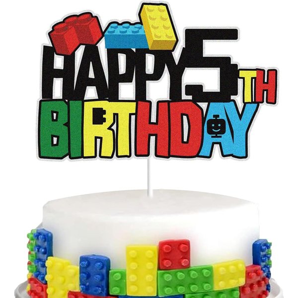 Building Blocks Happy 5th Birthday Cake Topper Colorful Glitter 5 Five Years Old Building Brick Theme Birthday Party Supplies for Boys Girls Kids (5)