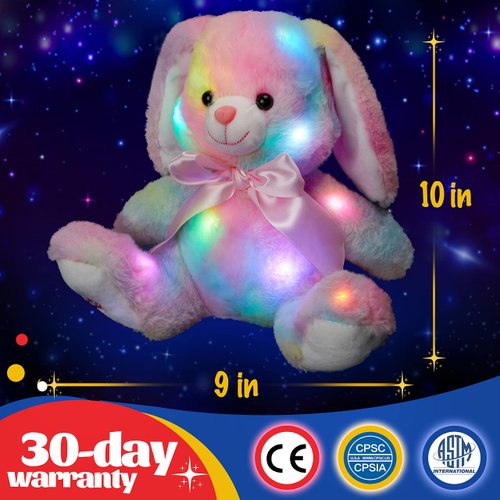Glow Guards 10'' Light up Rainbow Bunny Stuffed Animal,Soft Glowing Rabbit Plush Toy with Lop Eared Night Light,Birthday Christmas for Kids,Girls,Boys
