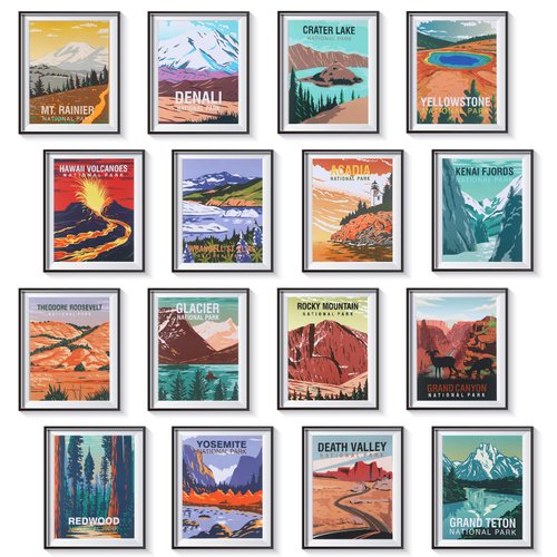 Gersoniel 16 Pieces National Park Posters Vintage of 16 Travel Prints Wall Art Abstract Wall Art and Mountain Print Set Abstract Travel Unframed for Living Room Bedroom Bathroom Decor (Vintage Style)