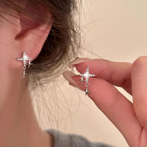Sttiafay Vintage Rhinestone Star Earrings Silver Star Stud Earrings Crystal Star Drop Earrings Bling Cz Paved Star Earrings Jewelry for Women and Girls