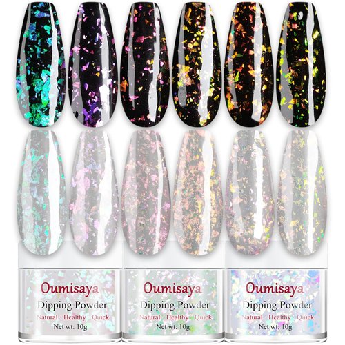 Sparkle Holographic Clear Chameleon Glitter Nail Dip Powder Nail Kit 6 Colors Set with opal foils, easy to use for starters, perfect Top Coat for black nail art SG061 ( Dip Liquid Set Not Included)