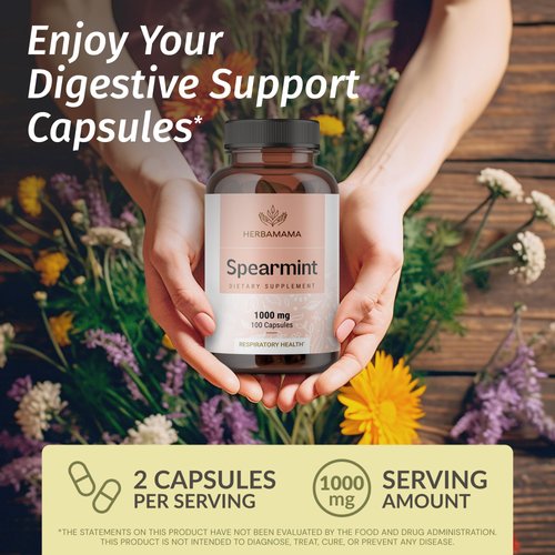 HERBAMAMA Spearmint Leaf Capsules - 1000 mg Spearmint Leaves for Digestive Health Support - Mentha Spicata Spearmint Supplement - Vegan, Non-GMO - 100 Caps