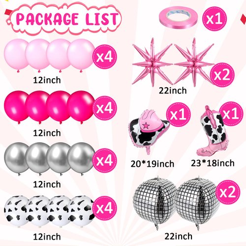 Hungdao 23 Pcs Cowgirl Theme Party Balloons Set Cow Print Balloon Cowgirl Hat Boot Balloon Pink Silver Balloon Star Balloons Ribbon for Western Theme Party Decorations Retro Horse Rodeo Party Supplies