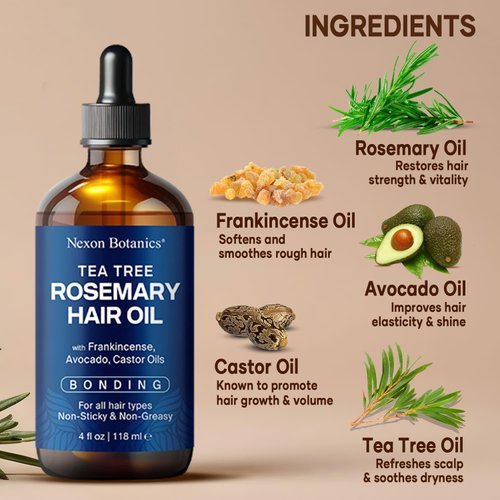 Nexon Botanics Tea Tree Rosemary Oil For Hair Growth 4 fl oz - Hair Oil for Bonding - With Frankincense, Avocado & Castor Oil - For Dry Scalp & Hair Care