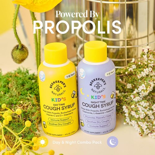Beekeeper's Naturals Kids Honey Cough Syrup – Day & Night Value Pack – Immune Support with Elderberry, Vitamin C, D, Propolis & Raw Honey – Soothing, Clean Ingredients – Two Pack, 2 x 4 fl oz