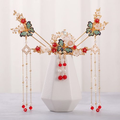 Engjajo Alloy Hair Sticks Pins Long Tassel Butterfly Flower Hanfu Chinese Hair Comb Set of 1 Earrings Traditional Classical