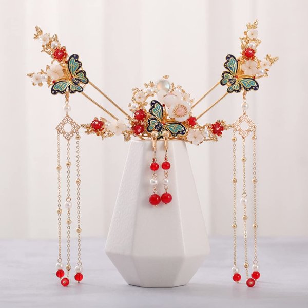 Engjajo Alloy Hair Sticks Pins Long Tassel Butterfly Flower Hanfu Chinese Hair Comb Set of 1 Earrings Traditional Classical