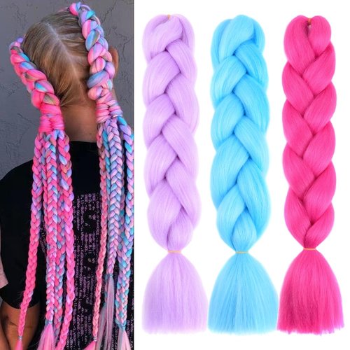 3 Pack Colored Braiding Hair 24 Inch Colorful Braiding Hair for Braids Synthetic Colored Hair Extensions for Braiding Rose Red/sky blue/light purple M2