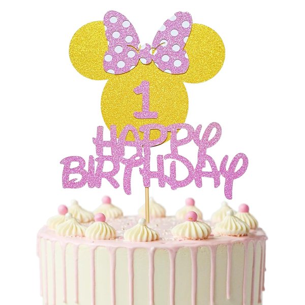 Minnie 1st Birthday Cake Topper Mouse Happy Birthday Cake Topper for 1 Year Old Girls Birthday Cake Decorations Party Supplies