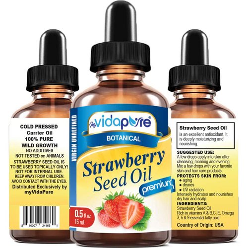 MYVIDAPURE STRAWBERRY SEED OIL 100% Pure Unrefined Virgin Cold Pressed. Moisturizer for Face, Skin, Hair, Nails, Scars, Anti Aging Omega 6 Vitamin C 0.5 Fl.oz.- 15 ml