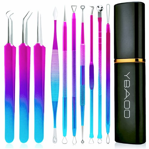 Blackhead Extractor Tools, Ybaoo 10 Pcs Professional Pimple Popper Tool Kit with Metal Case for Quick and Easy Removal of Blackheads,Pimples,Zit Removing,Facial and Nose(Colorful)