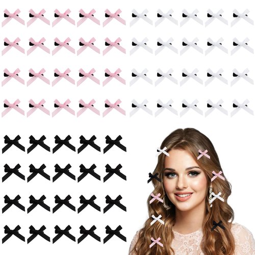 60Pcs Mini Bow Hair Clips for Women, Small Hair Bows Clips Solid Color Ribbon Bowknot Barrettes, Cute Stain Bows Alligator Clips Hair Pins for Braids Y2k Hair Accessories (Pink Black White)