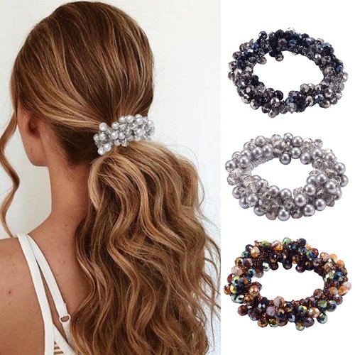 CAKURE Pearl Hair Ties Grey Rhinestone Ponytail Holder Elastic Hair Scrunchies Stretchy Hair Accessories for Women and Girls (Pack of 3)