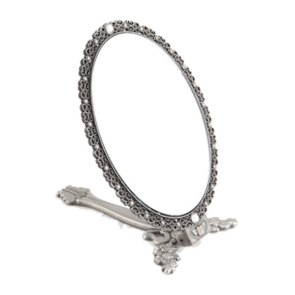 Butterfly Designed Double Sided Magnification Hand Held Makeup Metal Mirror Folding Handle Stand Travel Mirror (Medium, Tin (Matt Gray))