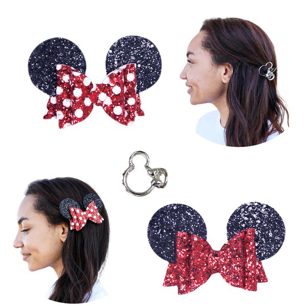 Styla Hair 3 Piece Mouse Ears Clip On Sequin Hair Clip Set Mouse Ear Barrettes for Women Minnie Hair Clips with Sparkle Bows Girls Hair Accessories - Red Black