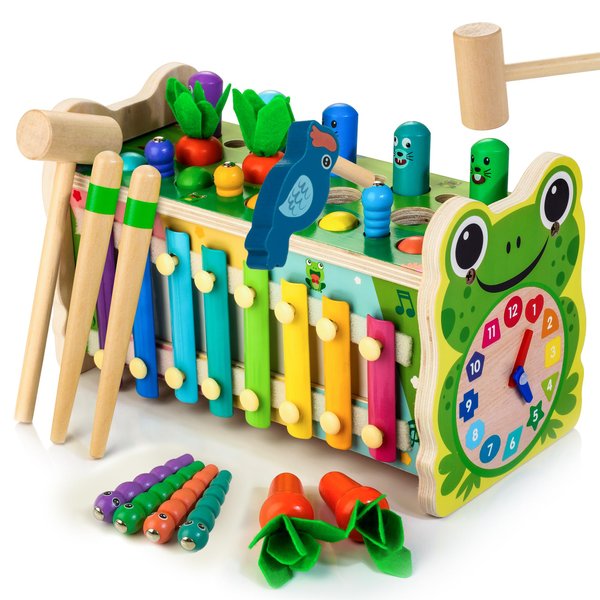 Amtreen 6-IN-1 Wooden Montessori Toys for 1 Year Old, Whack-A-Mole Game | Play the Xylophone | Frog Clock | Carrot Harvest Game | Spinning Gear, Toddler Toys Aged 1-4, Baby Toy Gift for Early Learning