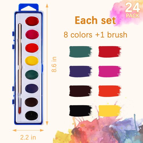 Loccmat 24 Pack Watercolor Paint Set,8 Colors Washable Water Colors Paint Kids,Water Color Paint Sets,Watercolor Paints with Paint Brushes,Watercolor Set for Birthday Party Favors,Art Activities