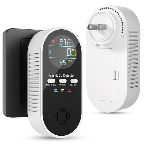 5-in-1 Carbon Monoxide Detectors, Natural Gas Leak Detector, Plug-in & Battery Backup Co Detector, HD Digital Display, CO Gas Temp Humidity Sensor, 1-Pcs, Black