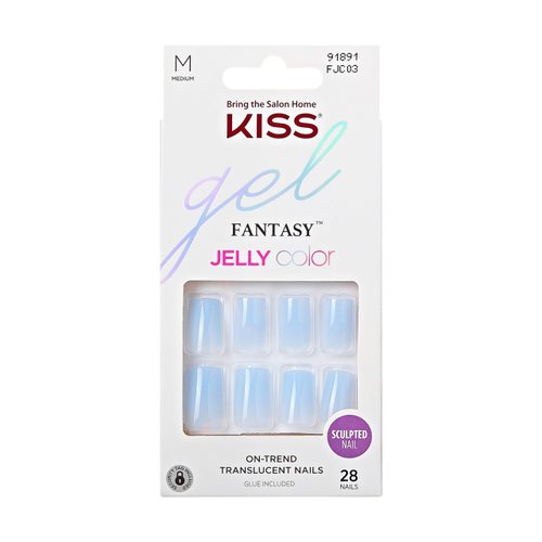 KISS Gel Fantasy, Press-On Nails, Nail glue included, Jelly Crushin', Light Blue, Medium Size, Square Shape, Includes 28 Nails, 2G Glue, 1 Manicure Stick, 1 Mini File