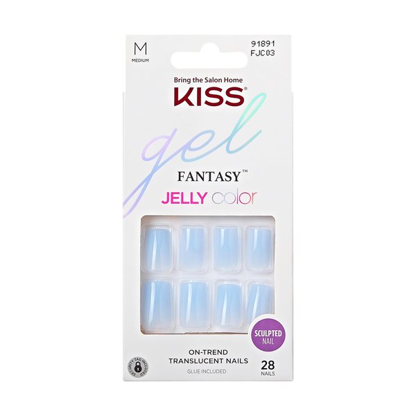KISS Gel Fantasy, Press-On Nails, Nail glue included, Jelly Crushin', Light Blue, Medium Size, Square Shape, Includes 28 Nails, 2G Glue, 1 Manicure Stick, 1 Mini File