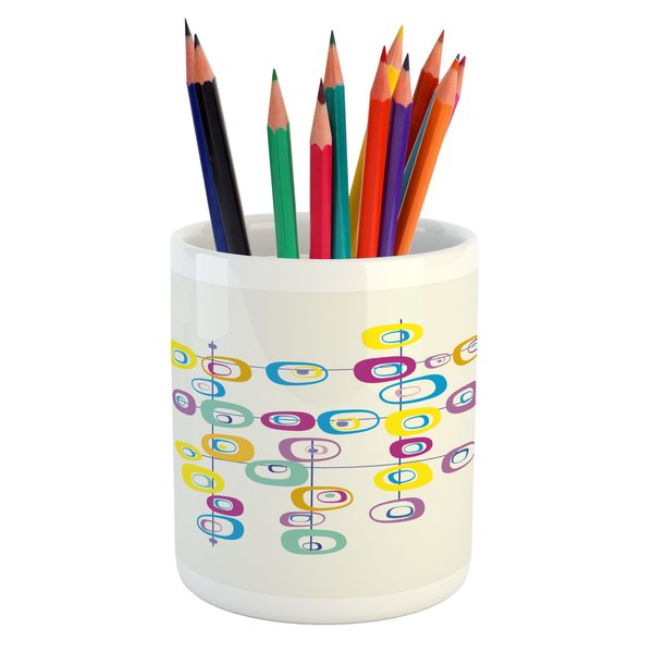 Ambesonne Mid Century Pencil Pen Holder, Hippie Squares on Intersecting Lines Colored Cool and Crazy Themed Art, Ceramic Pencil Pen Holder for Desk Office Accessory, 3.6" X 3.2", Yellow Blue