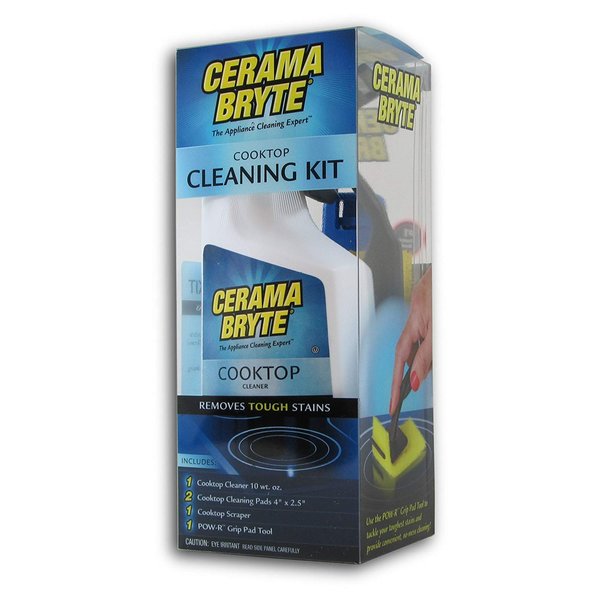 Cerama Bryte - Cooktop Cleaning Kit - Includes 10 oz. Bottle of Cerama Bryte Cooktop Cleaner, 2 Cleaning Pads, 1 POW-R Grip Pad Tool and 1 Scraper packed in Reusable Container, White (SYNCHKG114607)