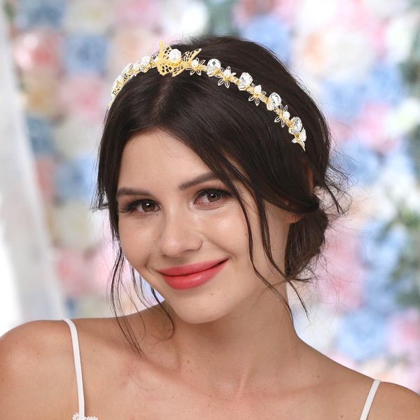 Yokawe Crystal Pearl Headband Gold Butterfly Flower Headbands Birthday Wedding Party Prom Tiaras for Women