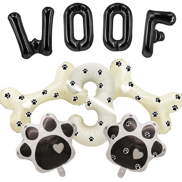 Dog Theme Balloons - 3rd Dog Birthday Party Decorations, 40 Inches Number 3 Foil Balloons, Paw and Bone Balloons, WOOF Letter Balloons, Paw Prints Stickers for Pet Kids Dog Birthday Party Supplies