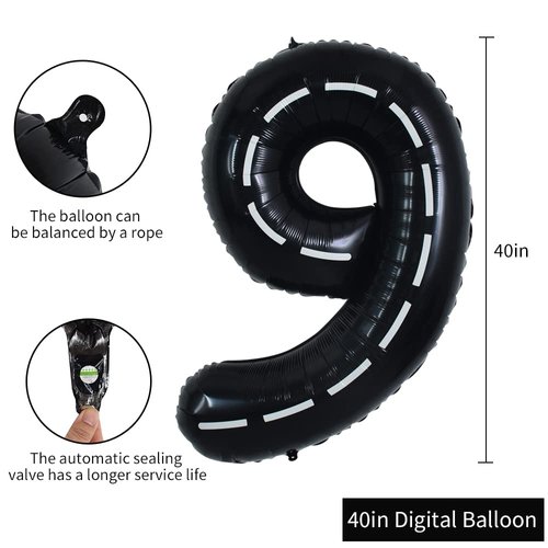 TONIFUL Race Car Black Balloons Car Birthday Party Supplies,40 Inch Giant Jumbo Helium Foil Mylar Big Number 9 Digital 9 Balloons for Boy's Birthday Party Truck Race Car Theme Party Decorations