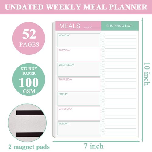Magnetic Meal Planning Pad for Fridge - 10" x 7" Meal Planning Pad with Tear Off Shopping List. 52 Weeks Undated for Meal Planner and Grocery List with Magnet