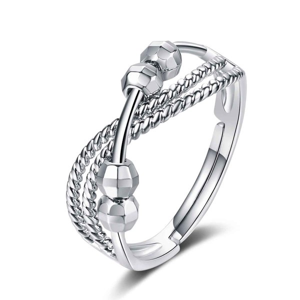 WOUOVO Fidget Anxiety Bead Spinner Ring - Silver Adjustable Anti Fidget Anxiety Bead Ring for Women,Anxiety Relief relaxed Rings with Spinner Beads Jewelry Gift for Men