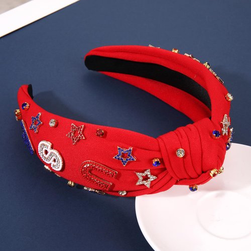 mokkia 4th of July Headband for Women American Flag Star Knotted Headbands Red White and Blue Rhinestone Crystal Top Knot Headbands Patriotic 4th of July Accessories Party Favors (Letter USA 6)