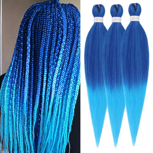 Blue Braiding Hair Extensions 16 Inch Pre stretched Braiding Hair Hot Water Setting Synthetic Braiding Hair Pre Stretched Crochet Braids Hair(16 Inch,3 Packs, Dark Blue/Light Blue#)