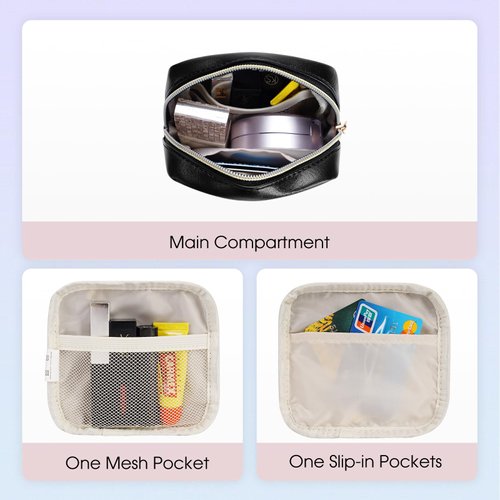 Wandering Nature Small Makeup Bag for Purse Mini Make up Pouch Cute Cosmetic Pouch for Women with Slip-in Pockets Eco Vegan Leather, Black