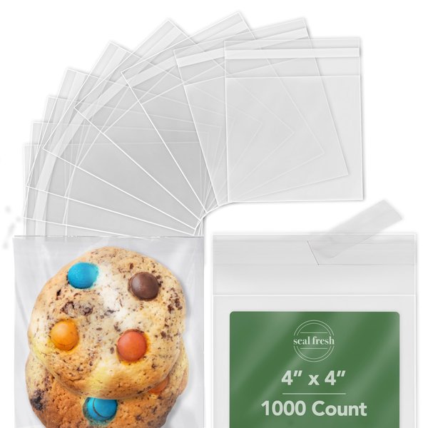 Seal Fresh Self Sealing Cellophane Bags - 4" x 4" (1000 Count) - Clear Plastic Resealable Cello Bag - Cellophane Treat Bags, Cookie Bags for Packaging, Candy bags, Cello Bags, Pastry Bags