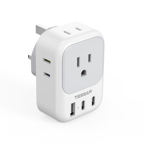 TESSAN US to UK Plug Adapter, Type G Travel Adaptor with 4 Electrical Outlets 3 USB Ports (2 USB C), Ireland Power Adapter for USA to England London Scotland Dubai Singapore Qatar Kenya British