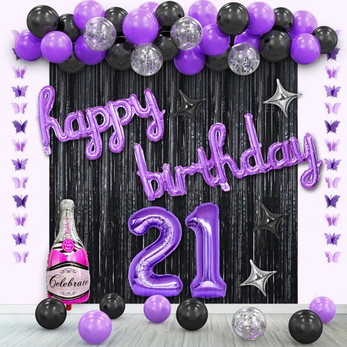 21st Birthday Decorations for Girls, Happy Birthday Decorations for Her, Purple Black 21st Birthday Decorations for Women,21st Birthday Bday Party Supplies.