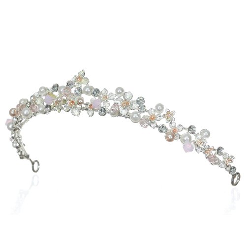SAMKY Bridal Tiara Wedding Crown Pink Crystal Pearl Headpiece Hair Accessories for Bride