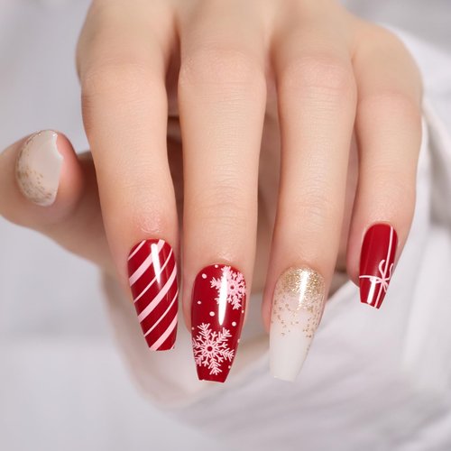 Beetles Red Press On Nails Medium - Supremely Fit & Natural Soft Gel Press on Nails Coffin, Red Glue on Nails with Nail Glue, Nail File, Stick in 14 Sizes - 28 Fake Nails Kit