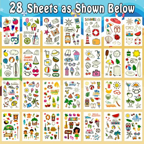 Partywind 28 Sheets Luminous Hawaiian Temporary Tattoos for Kids, 215 Glow Styles Hawaiian Luau Birthday Party Decorations Supplies, Tropical Summer Beach Party Gifts for Boys and Girls